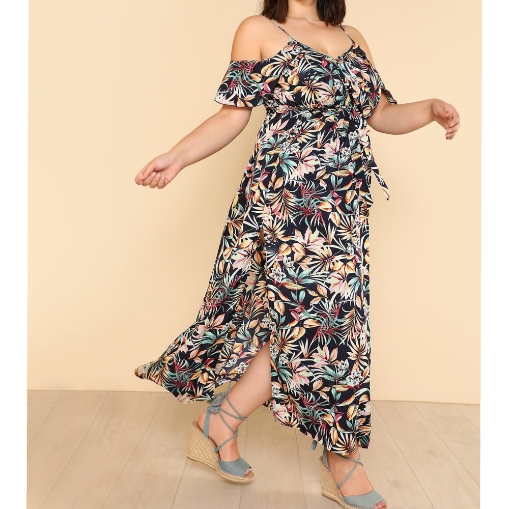 Open Cold Shoulder Tropical Wrap Dress